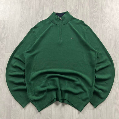VINTAGE Y2K TOMMY HILFIGER QUARTER ZIP KNITTED JUMPER GREEN