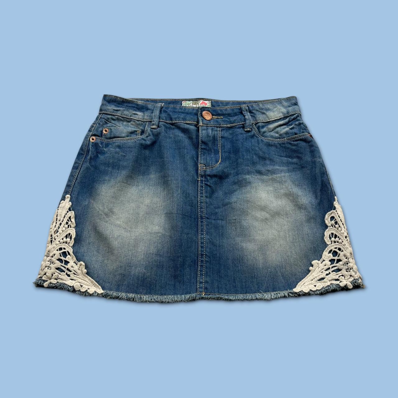 VINTAGE Y2K DENIM LACE MINI SKIRT BLUE WHITE