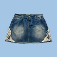 VINTAGE Y2K DENIM LACE MINI SKIRT BLUE WHITE