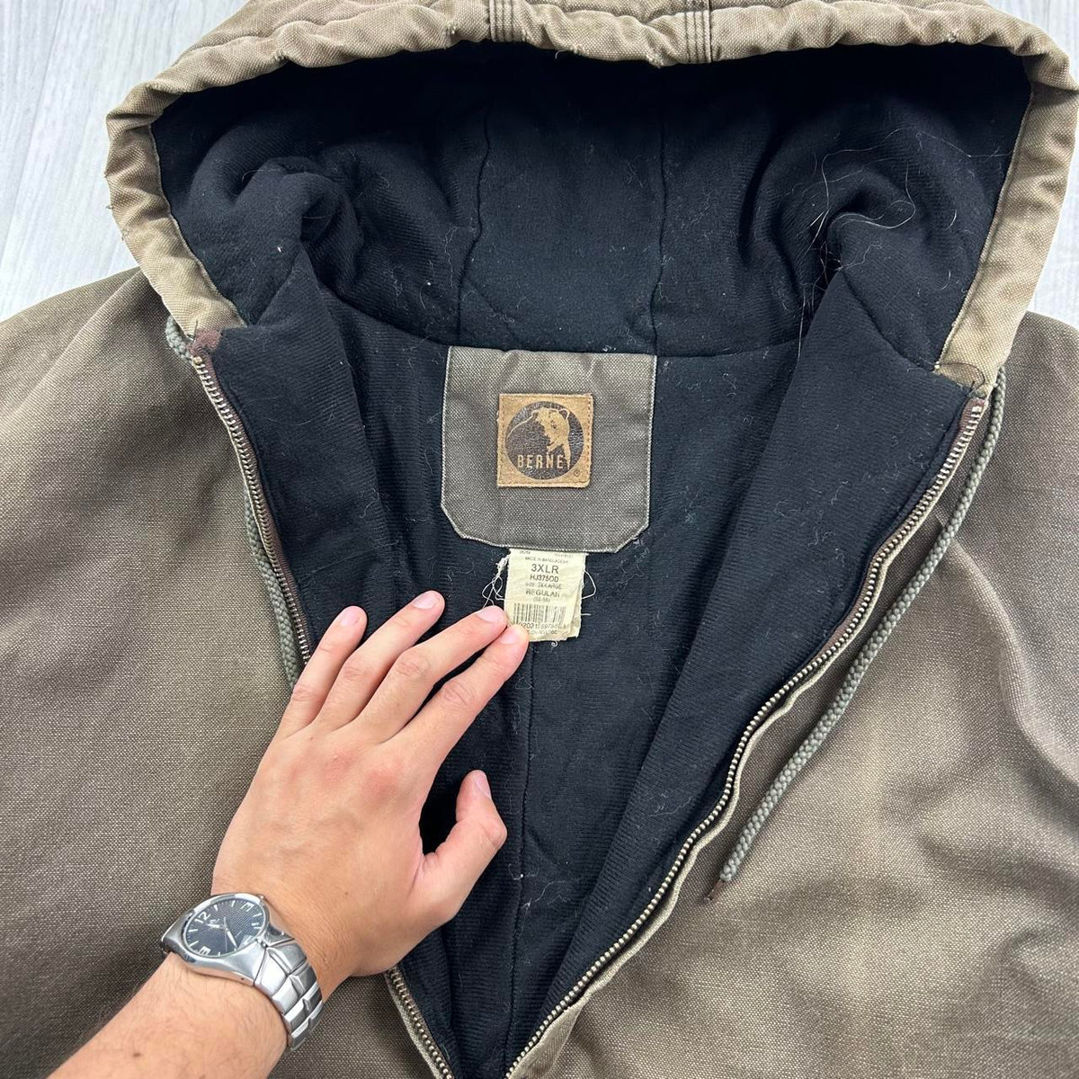 VINTAGE Y2K BERNE WORKWEAR ACTIVE HOODED BOMBER JACKET KHAKI