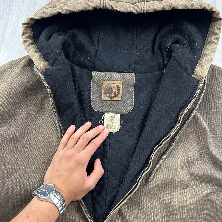VINTAGE Y2K BERNE WORKWEAR ACTIVE HOODED BOMBER JACKET KHAKI