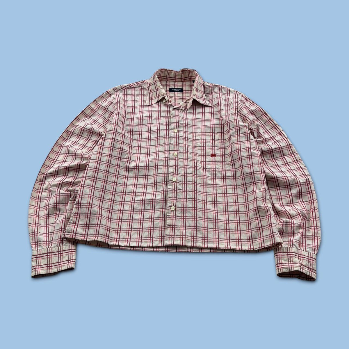 VINTAGE 00s BURBERRY CHECKERED CROPPED LONG SLEEVE BUTTON UP SHIRT WHITE RED