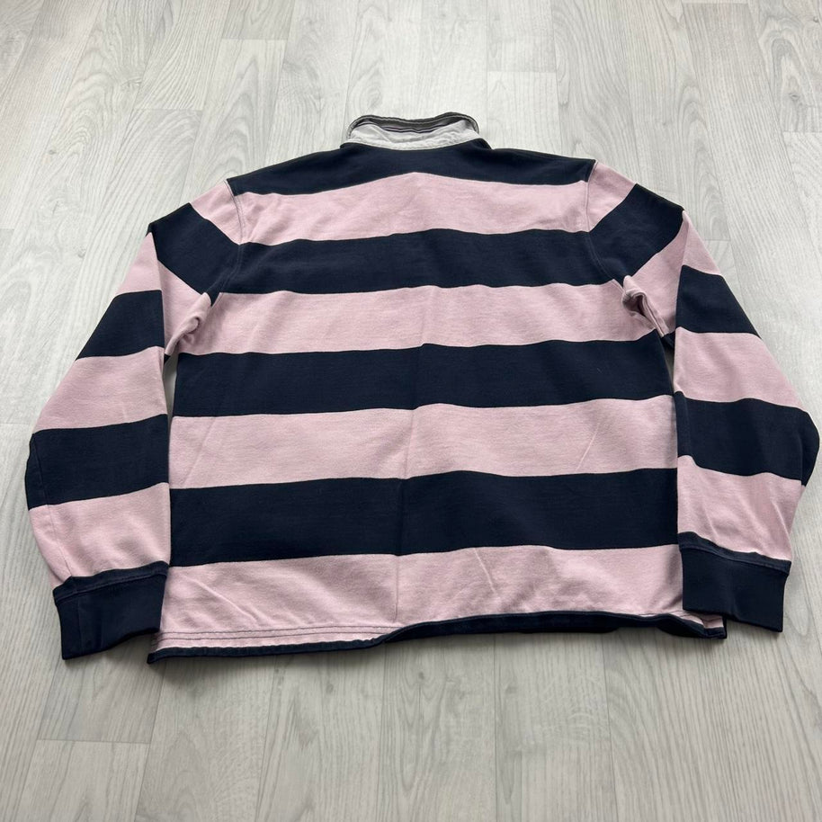 VINTAGE Y2K STRIPED LONG SLEEVE RUGBY POLO SHIRT PINK / NAVY
