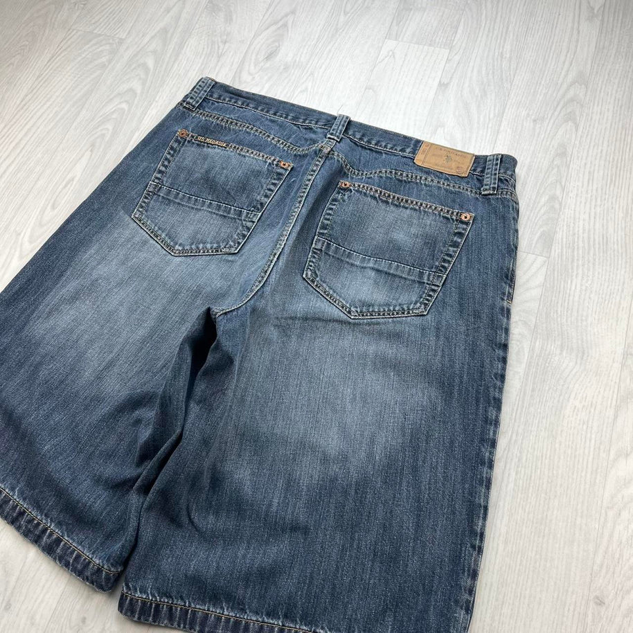 VINTAGE Y2K US POLO ASSN BAGGY DENIM JORTS NAVY BLUE