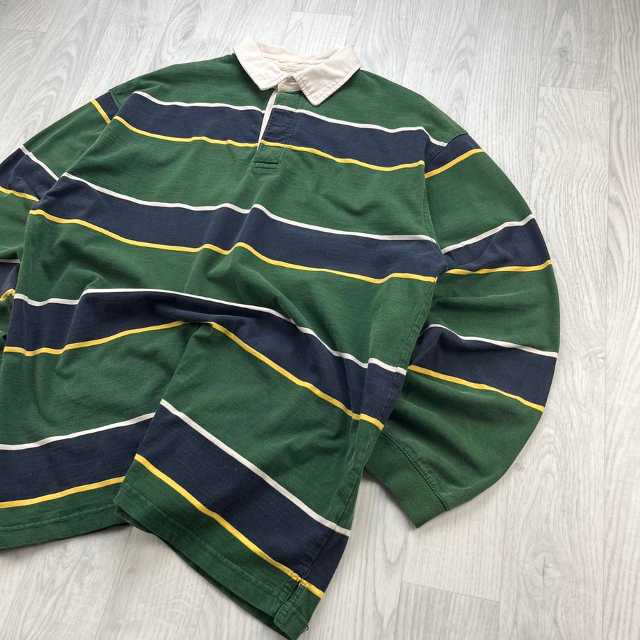 VINTAGE Y2K HAGGAR STRIPED LONG SLEEVE RUGBY POLO SHIRT GREEN