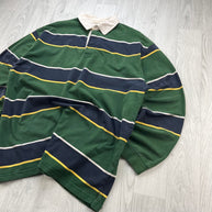 VINTAGE Y2K HAGGAR STRIPED LONG SLEEVE RUGBY POLO SHIRT GREEN