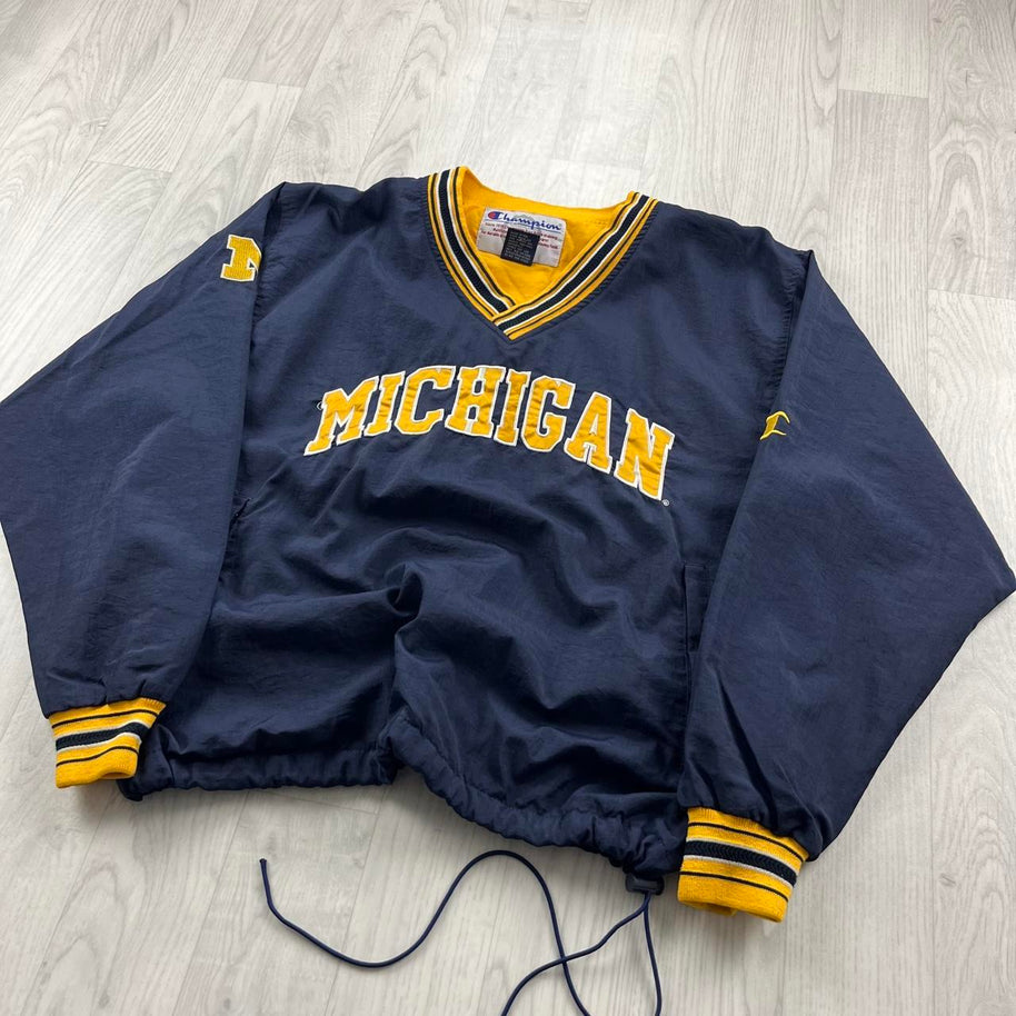 VINTAGE Y2K CHAMPION MICHIGAN PULLOVER WINDBREAKER JACKET NAVY YELLOW