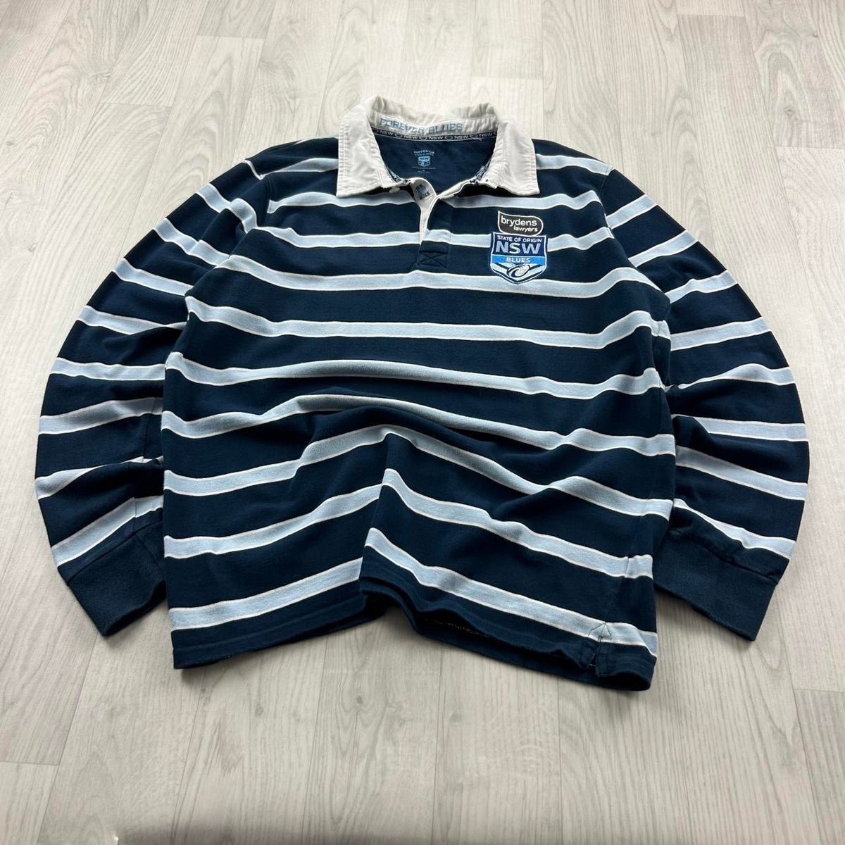 VINTAGE 00s NEW SOUTH WALES STRIPED LONG SLEEVE RUGBY POLO SHIRT NAVY / SKY BLUE