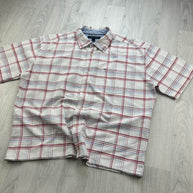 VINTAGE 00s TOMMY HILFIGER CHECKERED CROPPED SHORT SLEEVE BUTTON UP SHIRT WHITE / RED