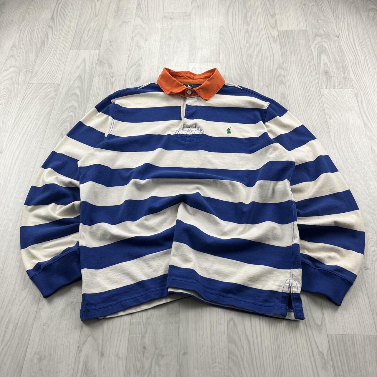 VINTAGE Y2K RALPH LAUREN STRIPED LONG SLEEVE RUGBY POLO SHIRT BLUE / WHITE