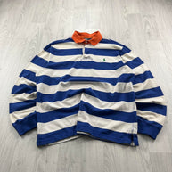 VINTAGE Y2K RALPH LAUREN STRIPED LONG SLEEVE RUGBY POLO SHIRT BLUE / WHITE