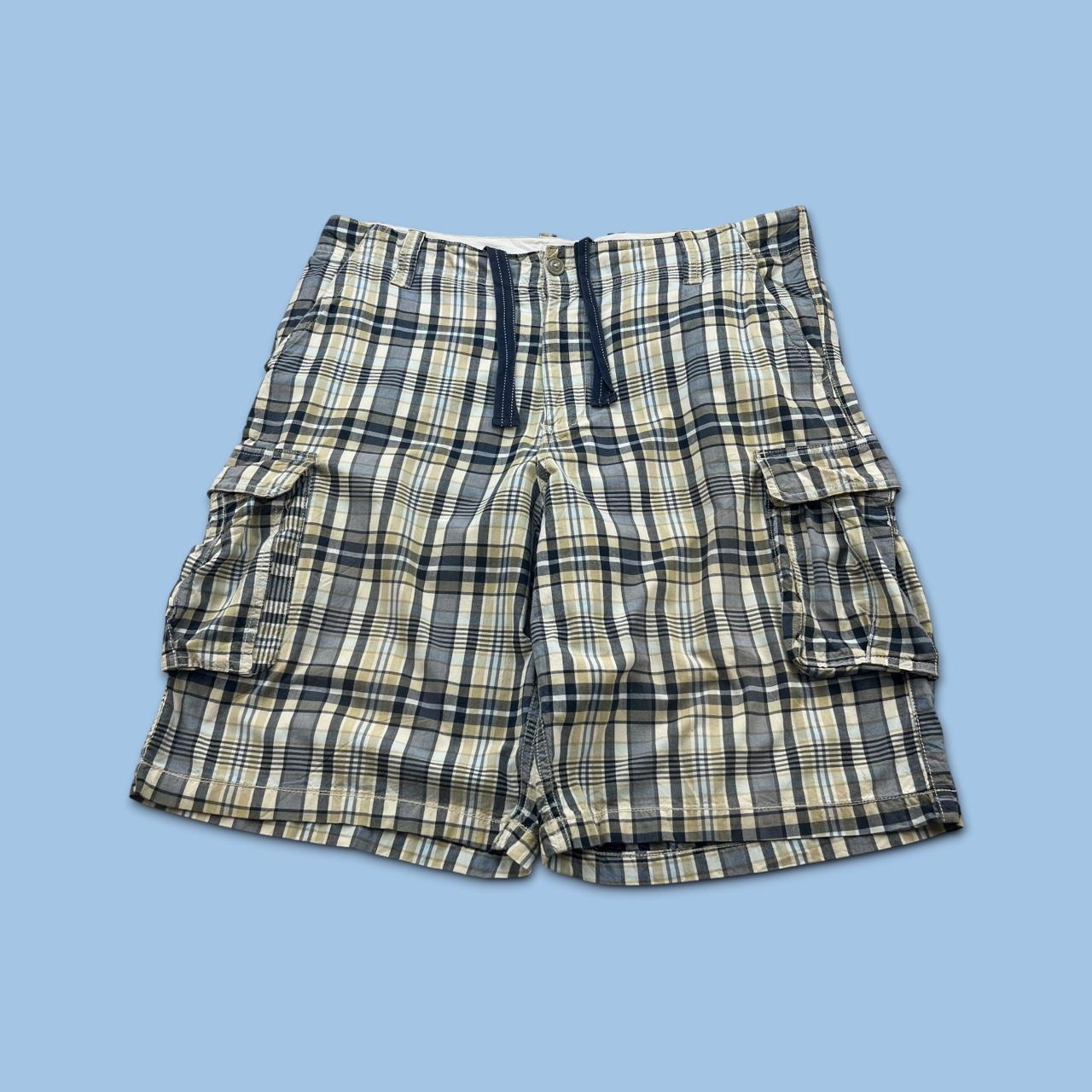 VINTAGE Y2K BAGGY CHECKERED PLAID CARGO SHORTS GREY / YELLOW