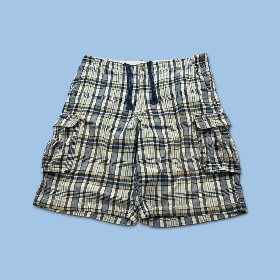 VINTAGE Y2K BAGGY CHECKERED PLAID CARGO SHORTS GREY / YELLOW