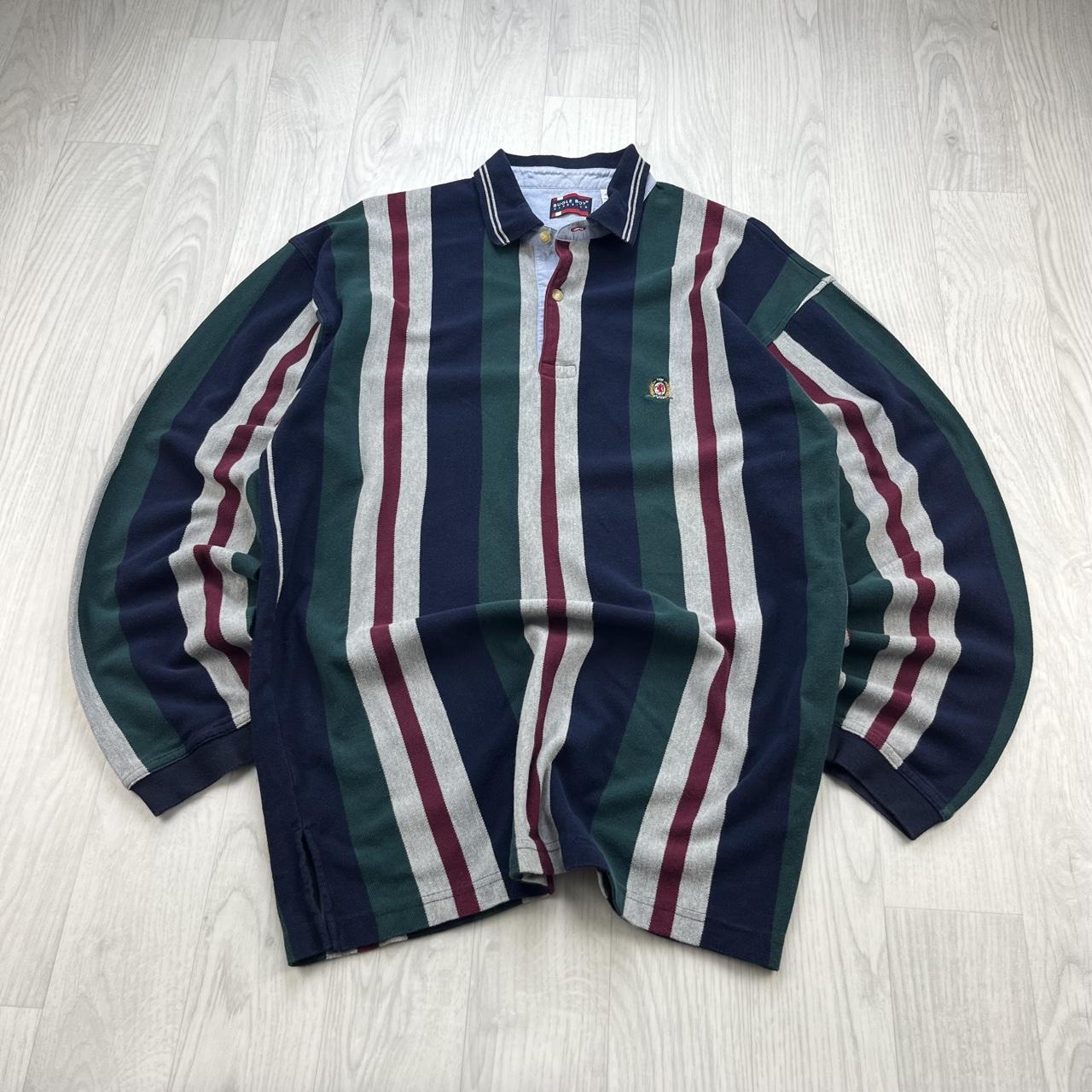 VINTAGE Y2K BUGLE BOY STRIPED LONG SLEEVE RUGBY POLO SHIRT GREEN / NAVY