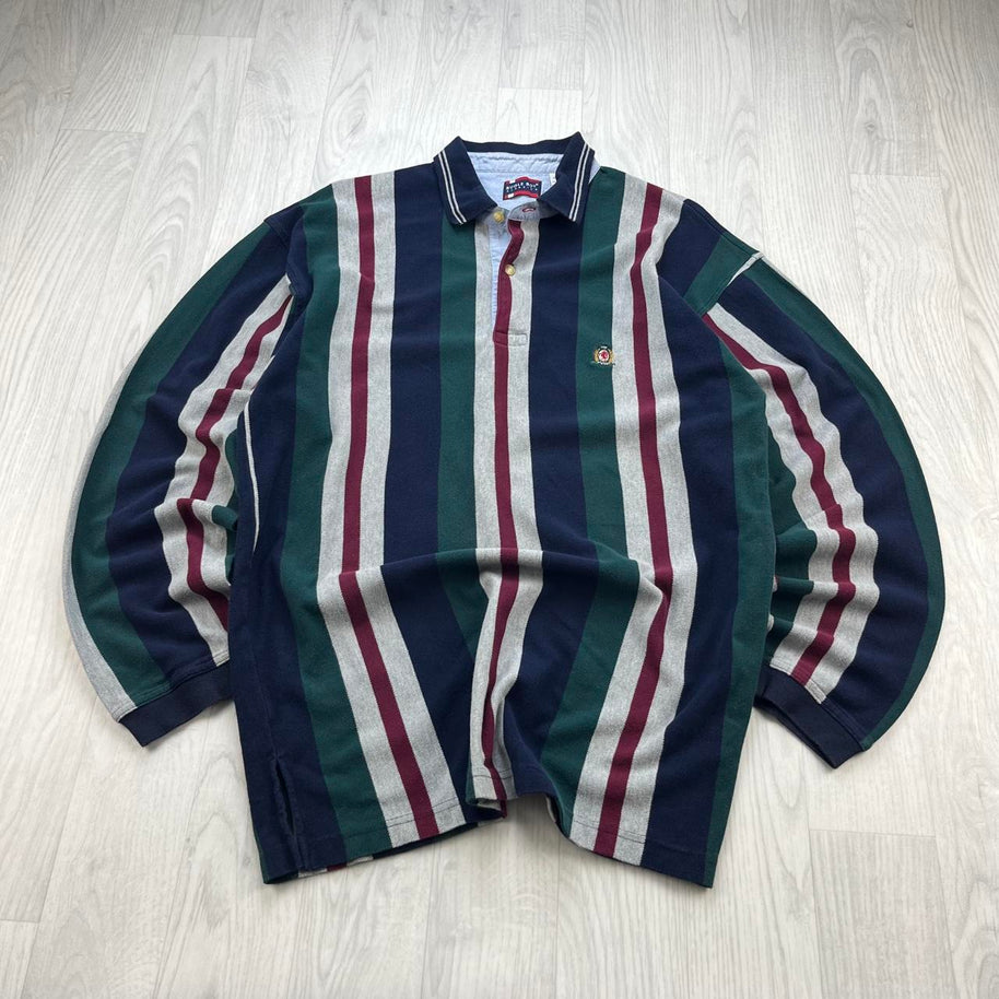 VINTAGE Y2K BUGLE BOY STRIPED LONG SLEEVE RUGBY POLO SHIRT GREEN / NAVY