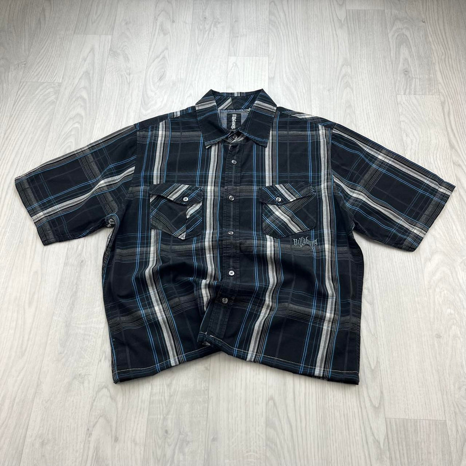 VINTAGE 00s BILLABONG CHECKERED CROPPED SHORT SLEEVE BUTTON UP SHIRT BLACK