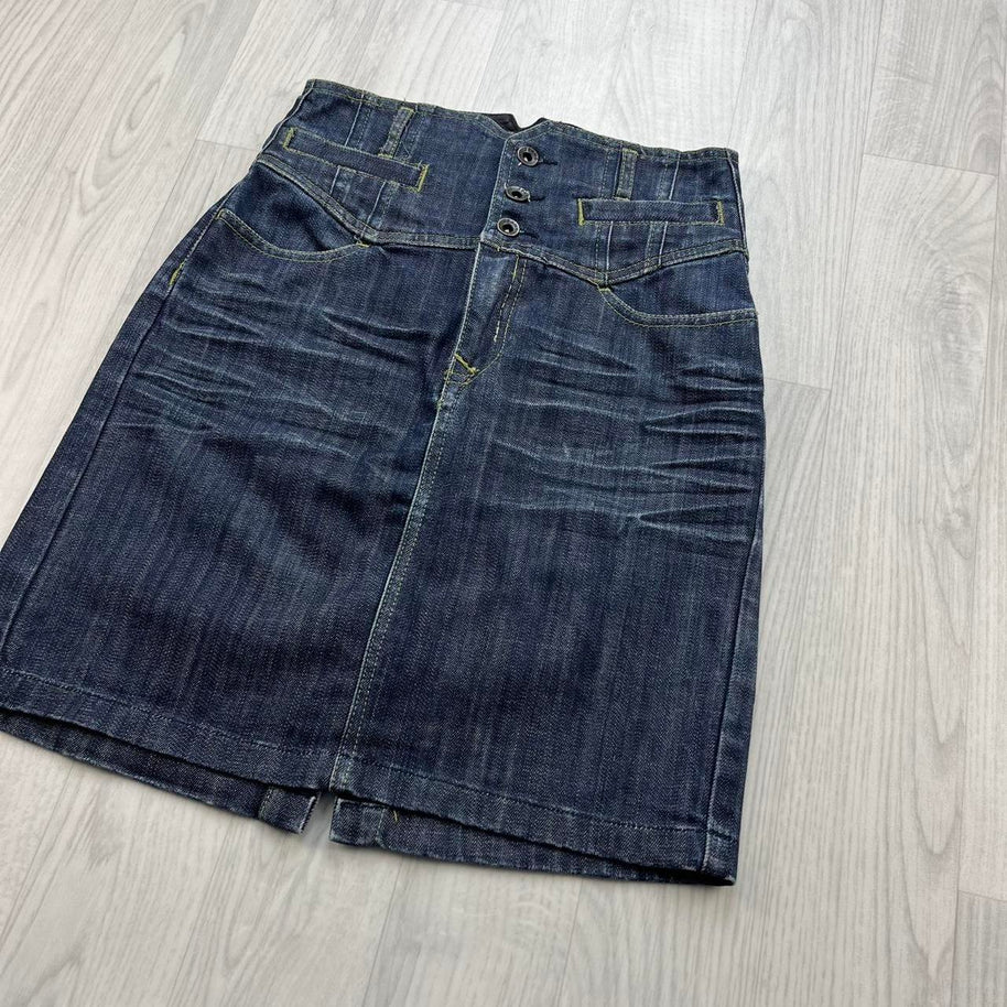 VINTAGE Y2K DENIM BUCKLE MIDI SKIRT NAVY