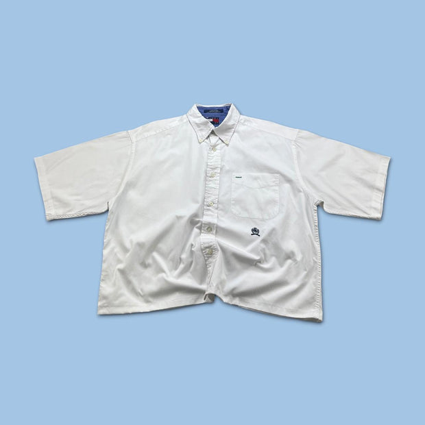 VINTAGE 00s TOMMY HILFIGER PLAIN CROPPED SHORT SLEEVE BUTTON UP SHIRT WHITE