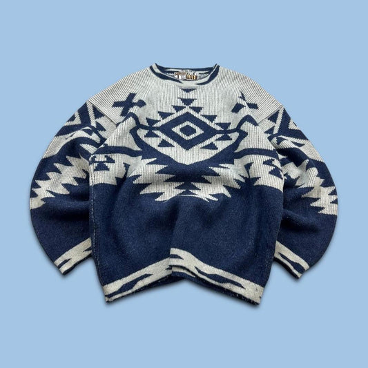 VINTAGE 80s FUNKY PATTERN AZTEC KNITTED JUMPER NAVY / WHITE