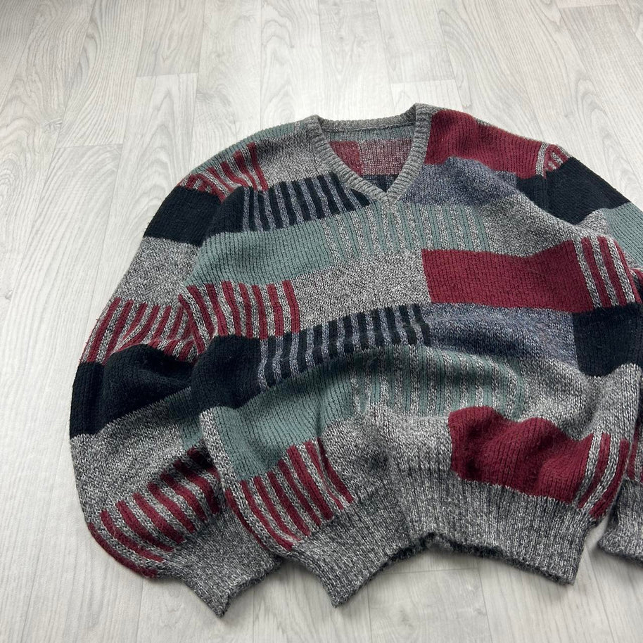 VINTAGE 90s PATTERN COLOUR BLOCK KNITTED JUMPER GREY / MULTI