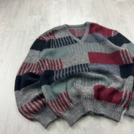 VINTAGE 90s PATTERN COLOUR BLOCK KNITTED JUMPER GREY / MULTI