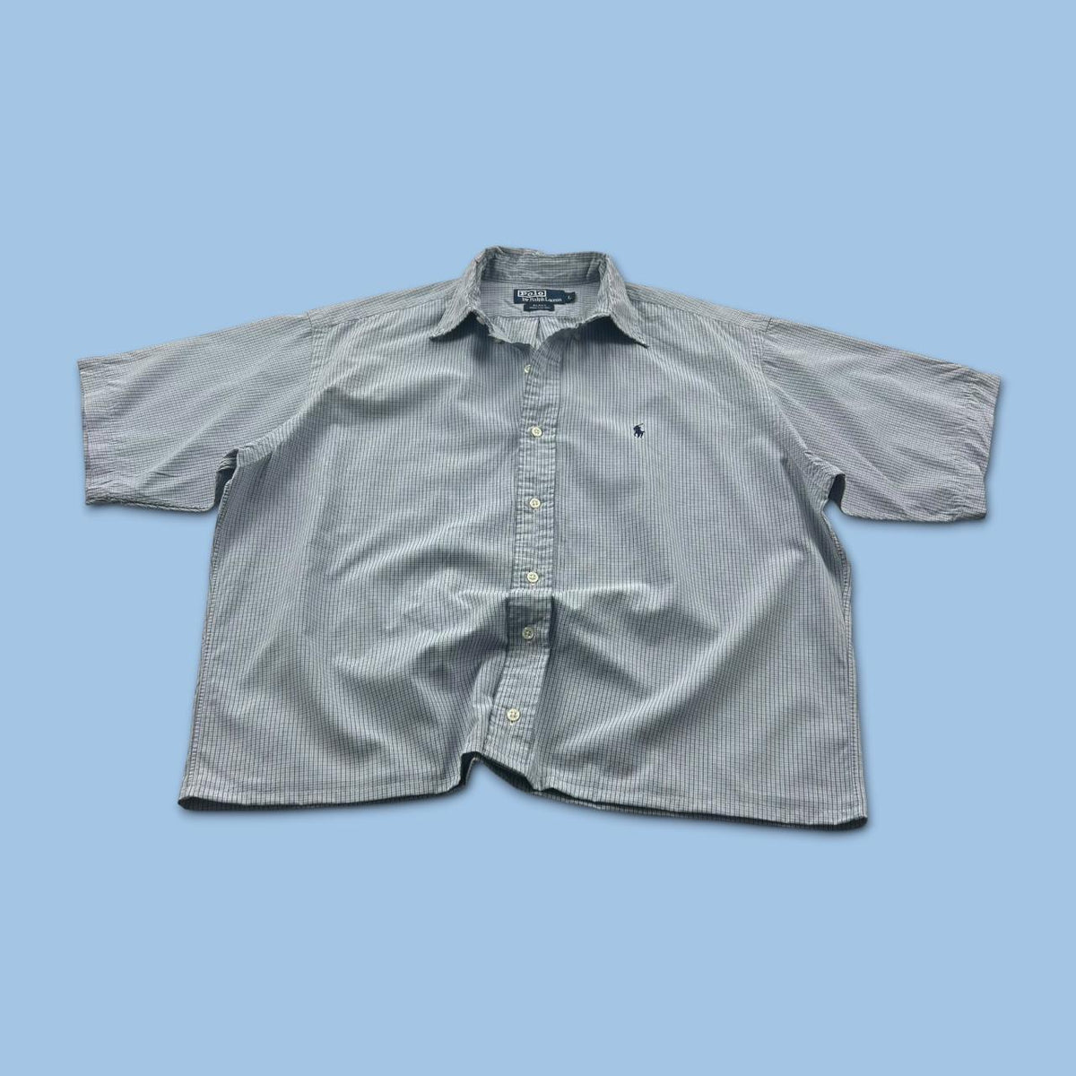 VINTAGE 00s RALPH LAUREN CHECKERED CROPPED SHORT SLEEVE BUTTON UP SHIRT BLUE