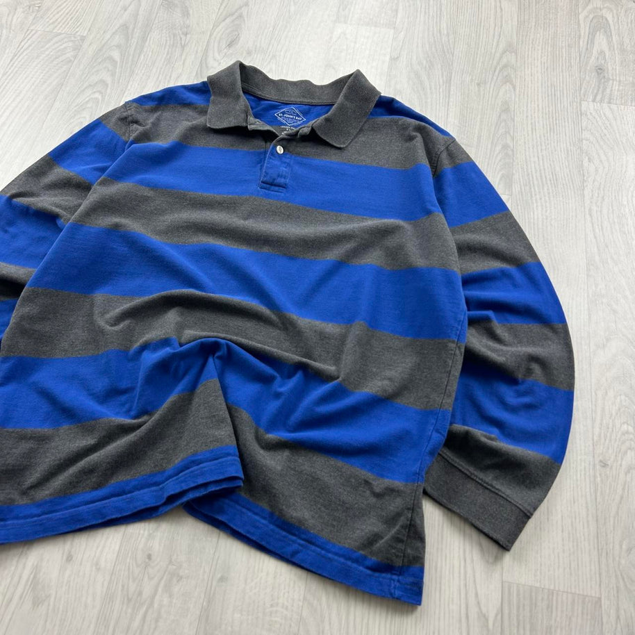 VINTAGE Y2K ST JOHNS BAY STRIPED LONG SLEEVE RUGBY POLO SHIRT GREY / BLUE