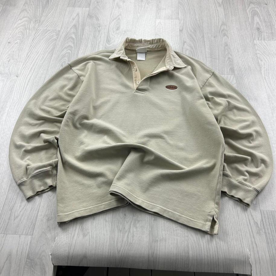 VINTAGE 90s ADIDAS LONG SLEEVE RUGBY POLO SHIRT CREAM