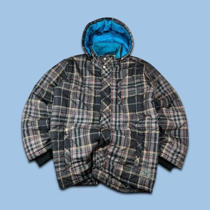 VINTAGE Y2K QUIKSILVER PLAID CHECKERED HOODED SKI JACKET BROWN