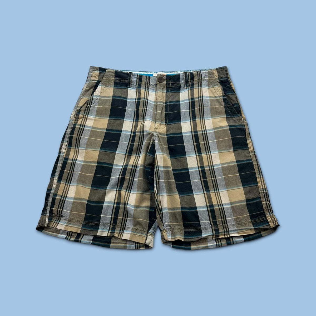 VINTAGE Y2K ROUTE 66 BAGGY CHECKERED PLAID SHORTS BEIGE / BLACK
