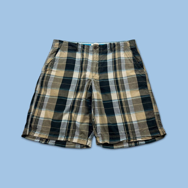 VINTAGE Y2K ROUTE 66 BAGGY CHECKERED PLAID SHORTS BEIGE / BLACK