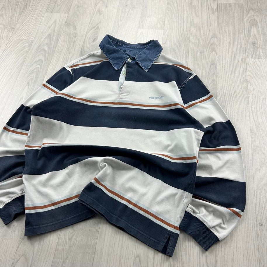 VINTAGE Y2K STRIPED LONG SLEEVE RUGBY POLO SHIRT NAVY / WHITE