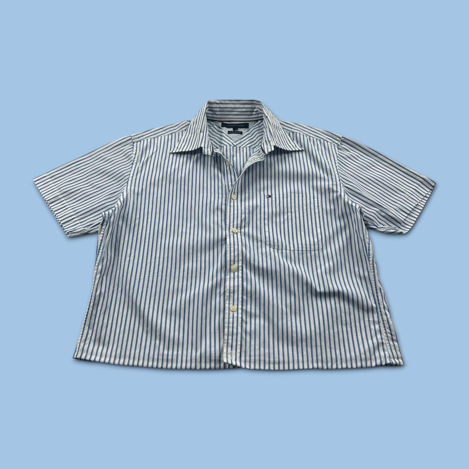 VINTAGE 00s TOMMY HILFIGER STRIPED CROPPED SHORT SLEEVE BUTTON UP SHIRT BLUE