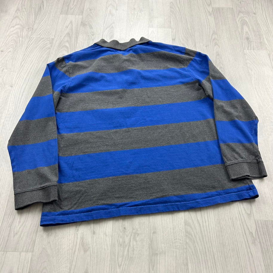 VINTAGE Y2K ST JOHNS BAY STRIPED LONG SLEEVE RUGBY POLO SHIRT GREY / BLUE