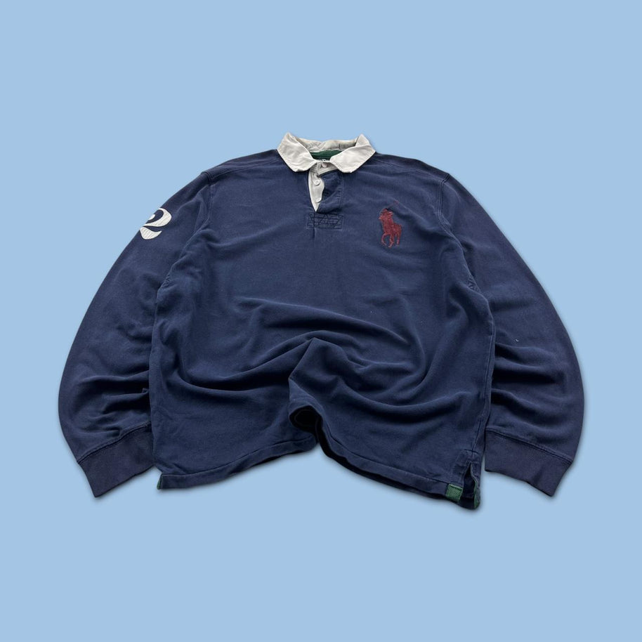 VINTAGE Y2K RALPH LAUREN PLAIN LONG SLEEVE RUGBY POLO SHIRT NAVY