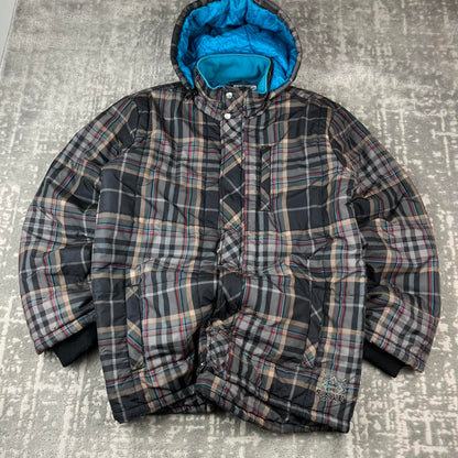 VINTAGE Y2K QUIKSILVER PLAID CHECKERED HOODED SKI JACKET BROWN