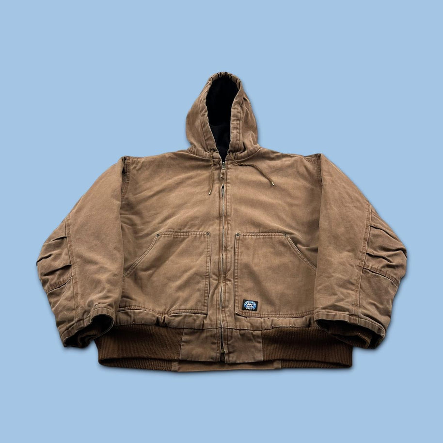 VINTAGE Y2K KEY FLEECE LINED HOODED WORKWEAR BOMBER JACKET BROWN