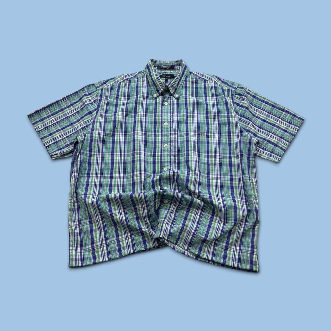 VINTAGE 00s GANT CHECKERED CROPPED SHORT SLEEVE BUTTON UP SHIRT GREEN / BLUE