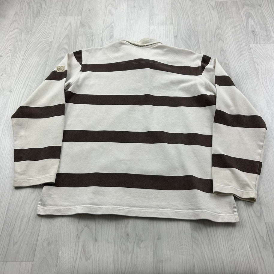 VINTAGE Y2K STRIPED LONG SLEEVE RUGBY POLO SHIRT WHITE / BROWN