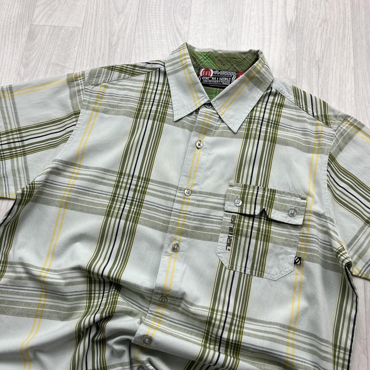 VINTAGE Y2K ANIMAL PLAID BUTTON UP SHORT SLEEVE SHIRT CREAM / GREEN