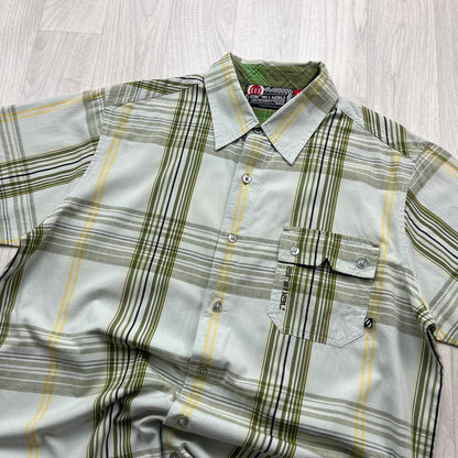 VINTAGE Y2K ANIMAL PLAID BUTTON UP SHORT SLEEVE SHIRT CREAM / GREEN