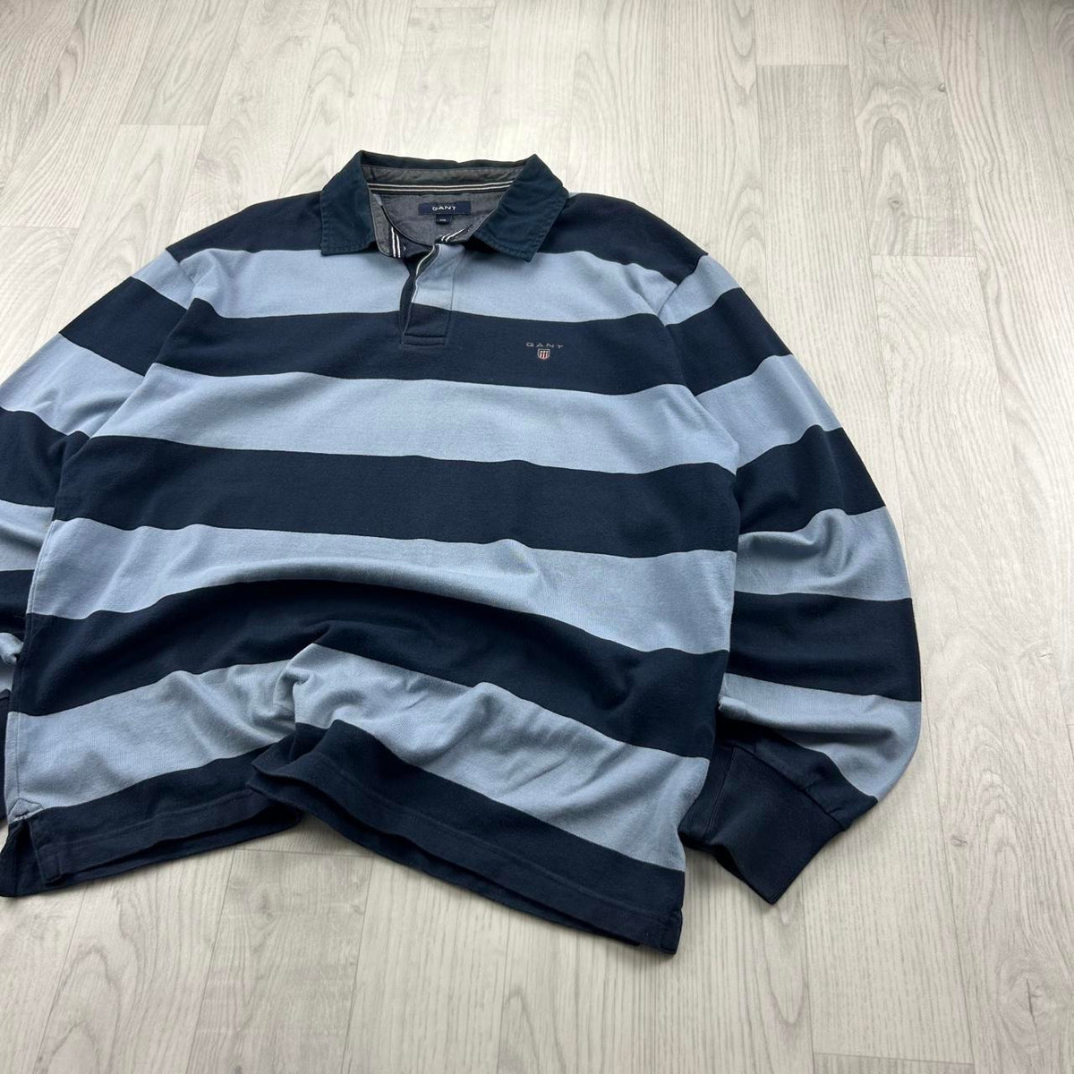 VINTAGE Y2K GANT STRIPED LONG SLEEVE RUGBY POLO SHIRT BLUE / NAVY