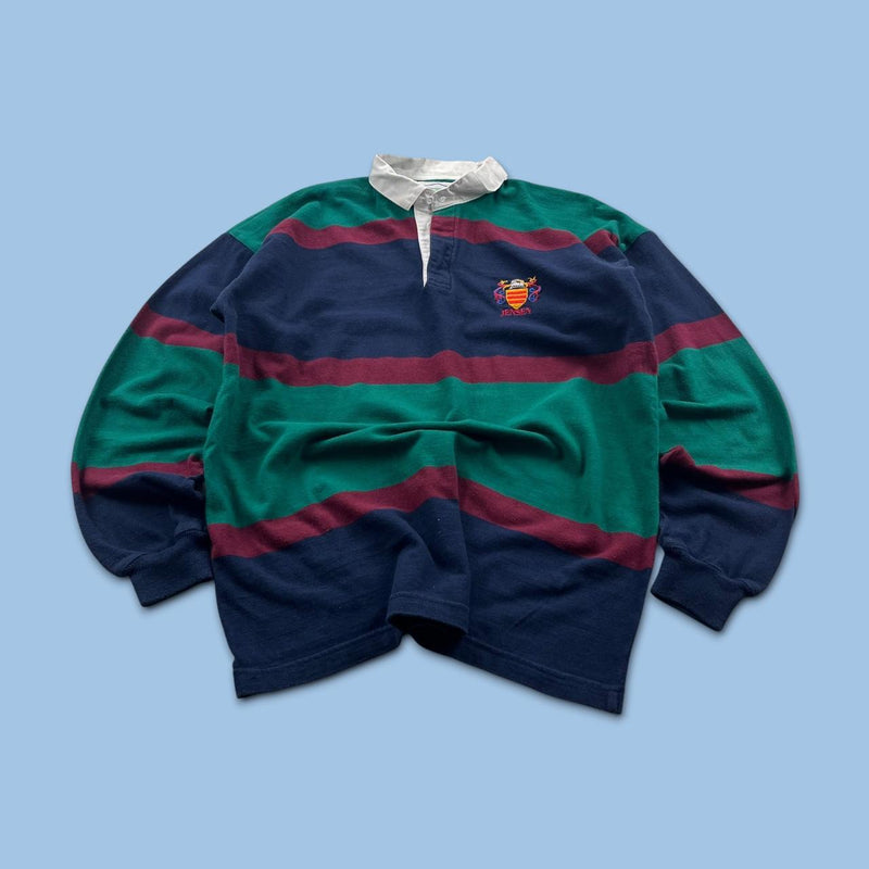 VINTAGE Y2K STRIPED LONG SLEEVE RUGBY POLO SHIRT NAVY / GREEN