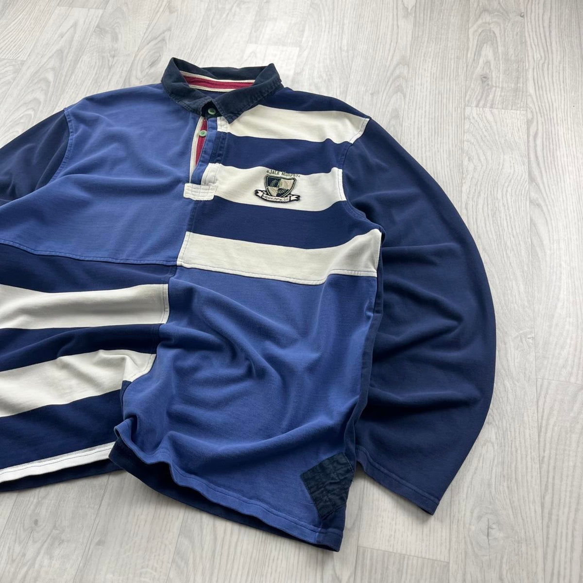 VINTAGE Y2K STRIPED LONG SLEEVE RUGBY POLO SHIRT NAVY BLUE