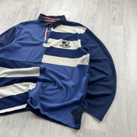 VINTAGE Y2K STRIPED LONG SLEEVE RUGBY POLO SHIRT NAVY BLUE