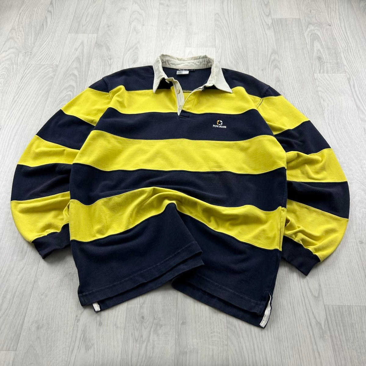 VINTAGE Y2K PEPE JEANS STRIPED LONG SLEEVE RUGBY POLO SHIRT NAVY / YELLOW