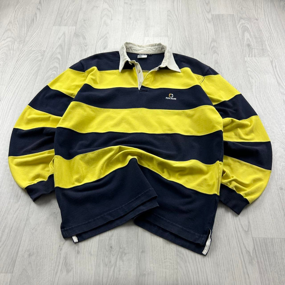 VINTAGE Y2K PEPE JEANS STRIPED LONG SLEEVE RUGBY POLO SHIRT NAVY / YELLOW