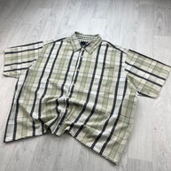 VINTAGE 00s ANIMAL CHECKERED CROPPED SHORT SLEEVE BUTTON UP SHIRT CREAM / GREEN