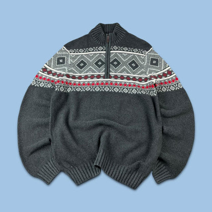 VINTAGE Y2K IZOD FESTIVE CHUNKY QUARTER ZIP KNITTED JUMPER GREY