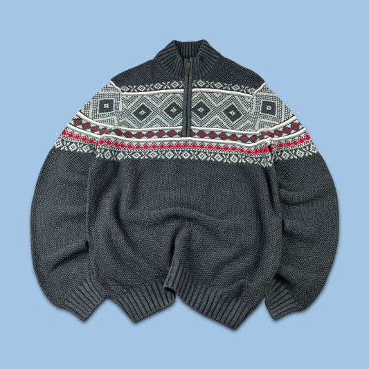 VINTAGE Y2K IZOD FESTIVE CHUNKY QUARTER ZIP KNITTED JUMPER GREY